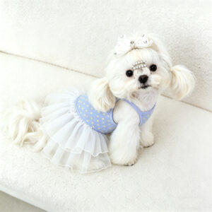 Light Blue Polka Dot Tulle Dog Dress Breathable Summer Pet Skirt for Small Dogs