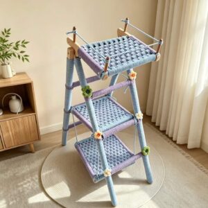 Wooden Woven 3 Tier Cat Tree Ladder Cute Floral Cat Perch Platform