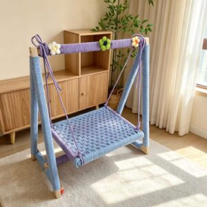 Cute Floral Rope Handwoven Solid Wood Cat Swing Indoor Rocking Hammock Chair for Small Pets